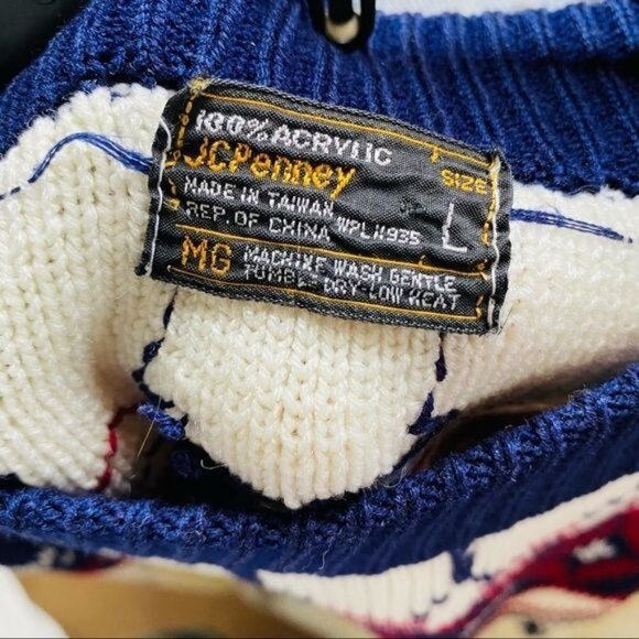 Vintage JCPenny Winter Knit Off White Blue Red Holiday Style Men's Sweater Size - Picture 6 of 8